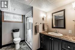 Bathroom featuring a glass-enclosed shower, a vanity with dark cabinetry, a countertop with natural stone-finish, a drop-in sink, and wall-mounted light fixtures - 