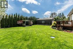 Expansive green lawn with a privacy hedge of mature trees - 