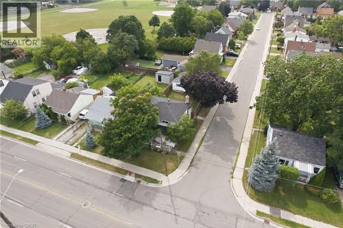 Aerial perspective showcasing a residential street with mature trees and a nearby recreational field - 432 Upper Sherman Avenue, Hamilton, ON - Outdoor With View