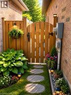 Private side yard access featuring a wood gate, stone stepping path, brick exterior, and integrated garden beds with lush plantings - 