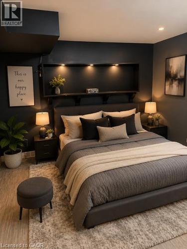 Recessed lighting over a built-in shelf, wood-finish flooring, and dark-painted walls - 143 Grenfell Place, London, ON - Indoor Photo Showing Bedroom