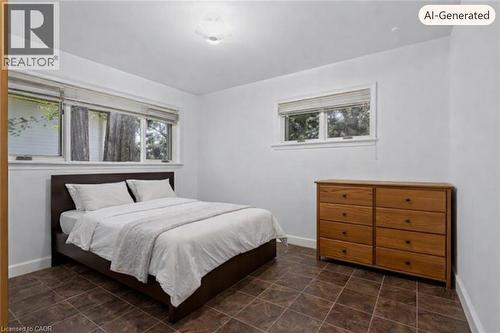 Virtually staged Bedroom featuring large tile flooring, a multi-pane window with blinds, a smaller single-pane window with blinds, and a ceiling-mounted light fixture - 44 Colquhoun Crescent, Hamilton, ON - Indoor Photo Showing Bedroom