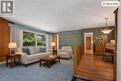 virtually staged spacious living area featuring large windows, wood-finish paneling, and wall-to-wall carpeting - 44 Colquhoun Crescent, Hamilton, ON - Indoor Photo Showing Living Room