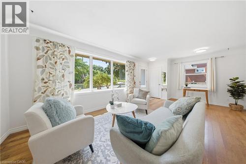 Bright living area featuring wood-finish flooring, white baseboards, and crown molding - 80 Jackson Avenue, Kitchener, ON - Indoor Photo Showing Living Room