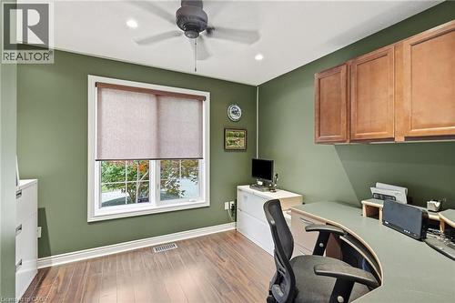 Room featuring wood-finish flooring, recessed lighting, and a ceiling fan - 5 Manor Crescent, Grimsby, ON - Indoor Photo Showing Office