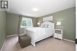 Carpeted bedroom with a single window and recessed lighting - 