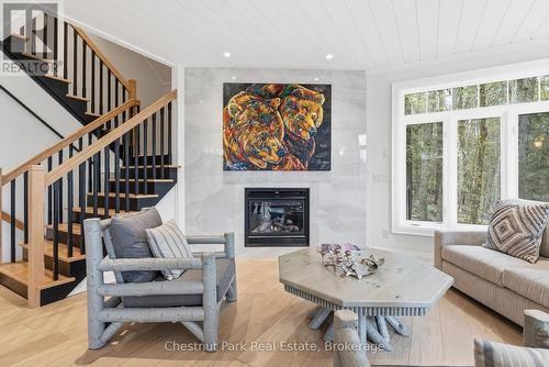 Propane fireplace with modern surround - 30 Stephen Road, Muskoka Lakes (Medora), ON - Indoor Photo Showing Living Room With Fireplace