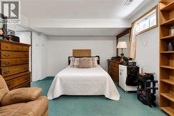 Carpeted room with a built-in window, wood-finish shelving unit, and a doorway - 