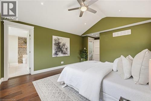 Vaulted ceiling with a ceiling fan and recessed lighting - 266 Ferndale Place, Waterloo, ON - Indoor Photo Showing Bedroom