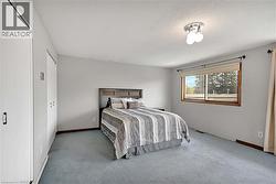 Bedroom featuring light gray walls and blue carpet - 