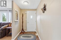 Entryway featuring a paneled door with glass insert, overhead flush-mount lighting, and wood-finish flooring - 