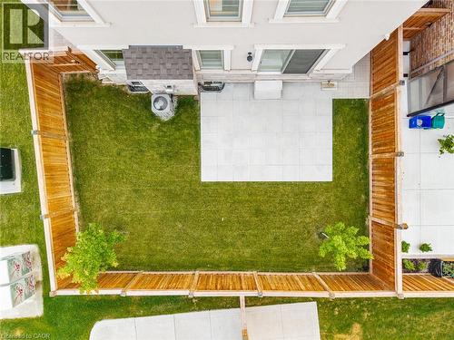 Enclosed backyard featuring a manicured lawn, a large patio space, and two mature trees - 542 Boyd Lane, Milton, ON - Outdoor