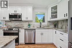 Modern kitchen with white shaker cabinetry, stainless steel appliances, and wood-finish flooring - 