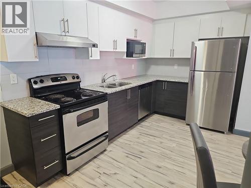 Kitchen featuring stainless steel appliances, under cabinet range hood, light wood-type flooring, white cabinets, and light stone counters - 258B Sunview Street Unit# 255, Waterloo, ON - Indoor Photo Showing Kitchen With Stainless Steel Kitchen With Double Sink
