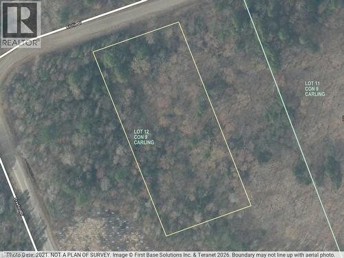 Aerial Image. Depicting the outlined boundaries of the property, identified as Lot 12 Con 9 Carling, along with an adjacent lot, Lot 11 Con 9 Carling, and including a disclaimer regarding boundary acc - 20 Ritchie Drive, Carling, ON 