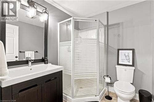 Bathroom featuring a corner shower enclosure, a dark wood-finish vanity with an integrated white sink, a modern rectangular mirror, and a three-light fixture with clear glass shades - 10 Rolling Acres Drive, Kitchener, ON - Indoor Photo Showing Bathroom