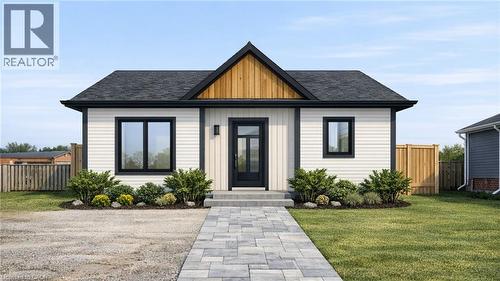 Visual Rendering - Modern exterior featuring light-colored siding with dark trim, a dark shingle roof, and a prominent wood-paneled gable accent - 7 James Street, Simcoe, ON 