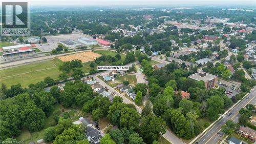 Aerial perspective of a development site within a tree-lined residential area - 7 James Street, Simcoe, ON 
