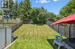 Expansive backyard featuring a sloped lawn, mature perimeter trees, and wood privacy fencing - 