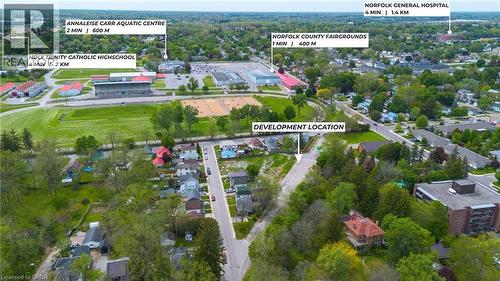 Aerial perspective showcasing the development location amid a residential neighborhood - 9 James Street, Simcoe, ON 