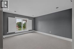 Spacious room featuring gray wall paint, light gray carpeting, and white baseboards - 