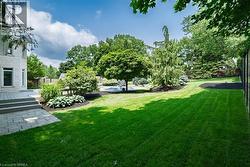 Spacious backyard featuring extensive lawn, mature trees, a multi-level deck, and a paver patio - 
