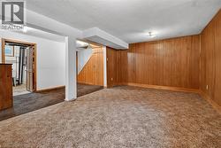 Spacious room featuring wood paneling, white painted walls, and textured carpeting - 