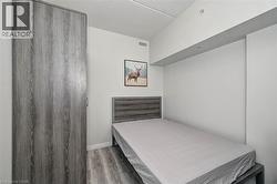 Spacious room with wood-finish flooring, a built-in wardrobe with gray wood-look doors, and a matching headboard - 