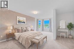 Spacious carpeted room featuring a geometric-patterned accent wall, a bay window with multiple panes, and a contemporary ceiling light fixture - 