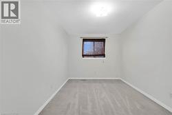 Room featuring light gray carpet flooring, neutral painted walls, and a window with dark wood-toned blinds - 