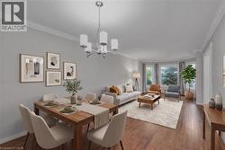 Open-concept living and dining area featuring wood-finish flooring, a contemporary chandelier, crown molding, a bay window, and light gray wall tones - 