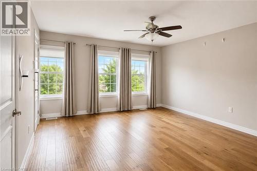 Spacious room featuring three large windows, wood-finish flooring, a ceiling fan with integrated lighting, and neutral wall tones - 133 St Leger Street, Kitchener, ON - Indoor Photo Showing Other Room