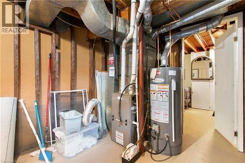 Utility area featuring a water heater, furnace, exposed ductwork, and visible structural framing - 29 Woodlawn Avenue, Brantford, ON - Indoor Photo Showing Basement