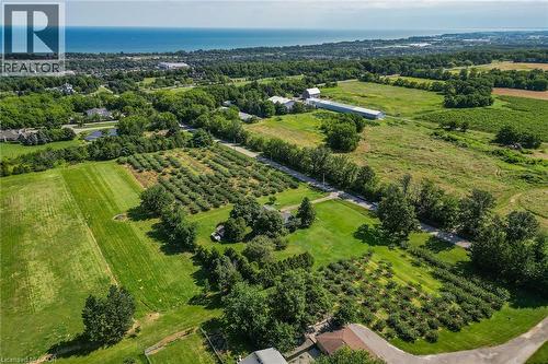 Expansive agricultural landscape featuring rows of cultivated crops, multiple farm structures, and a distant body of water - 134 Russ Road, Grimsby, ON - Outdoor With View