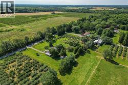 Expansive agricultural property featuring multiple cultivated fields, mature trees, a private drive, and an outbuilding with a metal roof - 
