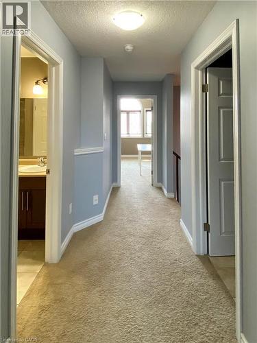 Carpeted hallway featuring light blue walls, white trim, and a flush mount ceiling light - 180 Huck Crescent, Kitchener, ON - Indoor Photo Showing Other Room