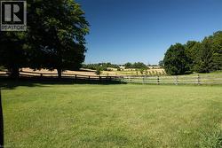 Expansive grassy area featuring a split-rail fence, mature trees, and a distant field - 