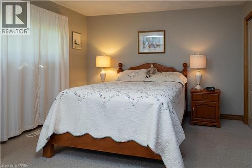 Carpeted bedroom featuring a light gray wall color, a window with white curtains, and a solid wood bed frame - 269 Brant County Road 22, Ancaster, ON - Indoor Photo Showing Bedroom
