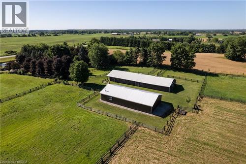 Two dark-sided outbuildings with white metal roofs, surrounded by fenced green pastures and mature trees - 269 Brant County Road 22, Ancaster, ON - Outdoor With View