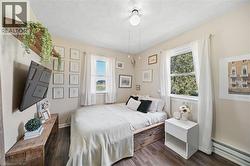 Interior room featuring wood-finish flooring, two windows with white curtains, and neutral wall tones - 