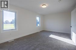 Neutral wall tones with two windows, recessed ceiling light, and gray carpeting - 
