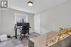 Neutral tone walls with white trim, gray carpeting, and a flush mount ceiling light - 