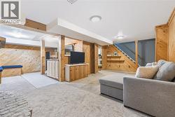 Finished basement featuring light wood paneling, built-in cabinetry, and neutral carpeting - 
