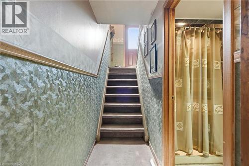 Carpeted staircase with wood-finish trim and patterned wall coverings - 46 Brett Court, Hamilton, ON - Indoor Photo Showing Other Room
