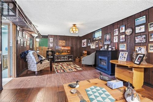 Recessed living area featuring wood-finish flooring and paneled walls - 46 Brett Court, Hamilton, ON - Indoor With Fireplace