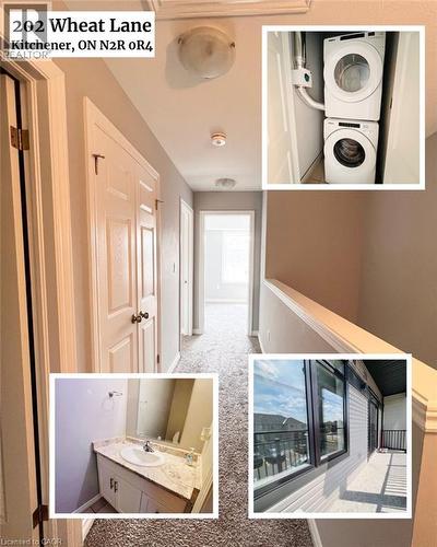 Property Listing Collage. Presenting images of the property's interior spaces, including a hallway, laundry appliances, a bathroom sink, and an exterior balcony - 202 Wheat Lane, Kitchener, ON - Indoor Photo Showing Other Room