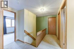 Upper-level hallway featuring a neutral carpet and wood trim - 