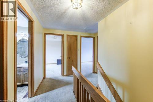 Upper-level hallway with carpeted flooring, wood trim, and a ceiling-mounted light fixture - 27 Walmer Gardens, London, ON - Indoor Photo Showing Other Room