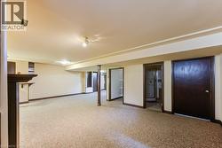 Spacious finished interior space with light-toned carpeting, recessed lighting, support columns, built-in shelving, and dark-stained trim and doors - 