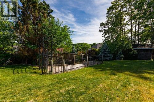 Expansive grassy yard area featuring a fenced deck with a metal gate and surrounding mature trees - 907 Doon Village Road, Kitchener, ON - Outdoor